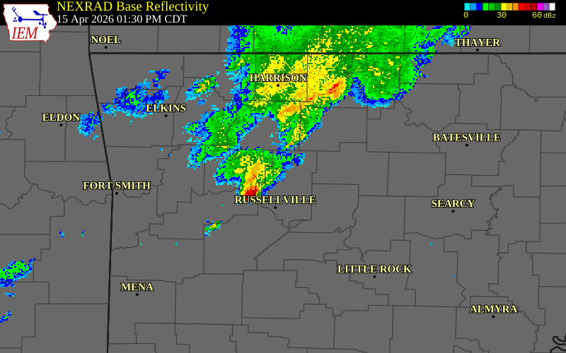NEXRAD radar during the Wednesday, April 15, 2026 storm activity in Johnson County, Arkansas