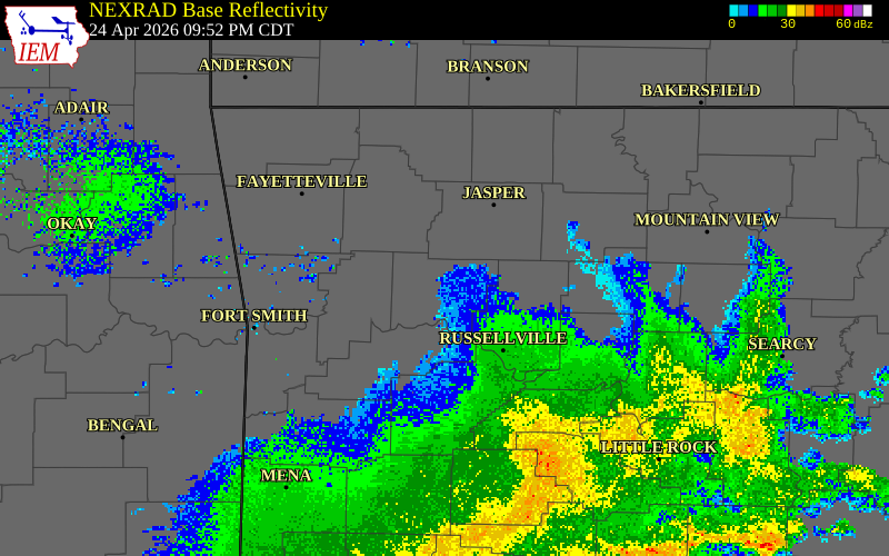 NEXRAD radar during the Friday, April 24, 2026 storm activity in Johnson County, Arkansas