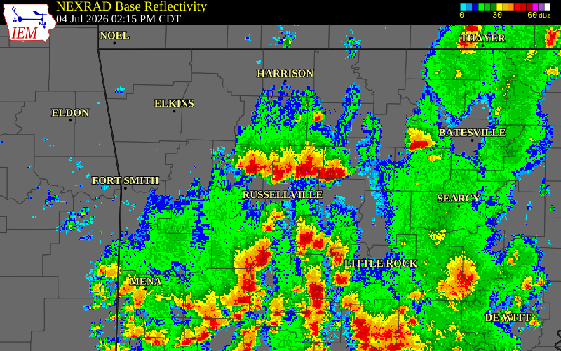 NEXRAD radar during the Saturday, July 4, 2026 storm activity in Johnson County, Arkansas