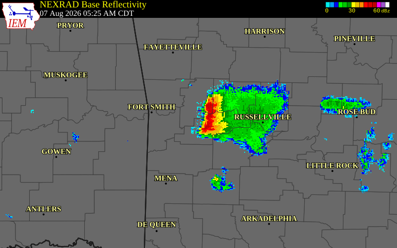 NEXRAD radar during the Friday, August 7, 2026 storm activity in Johnson County, Arkansas