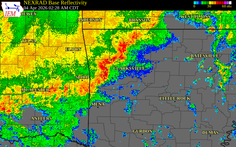 Radar snapshot during the Apr 4, 2026 wind event near Johnson County, Johnson County, Arkansas, with NWS warning polygons