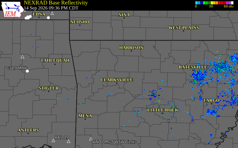 Current NEXRAD radar over Johnson County, Arkansas with recent storm report locations