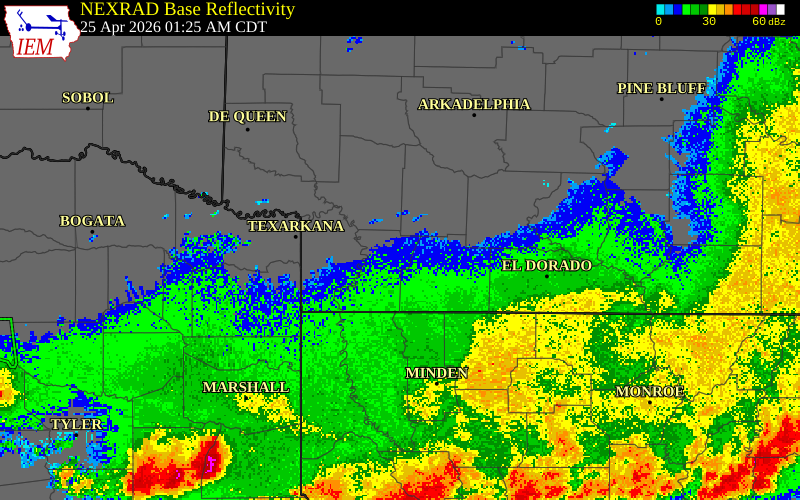 NEXRAD radar during the Saturday, April 25, 2026 storm activity in Lafayette County, Arkansas