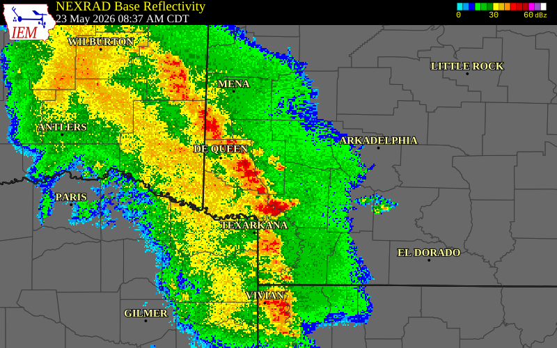 NEXRAD radar during the Saturday, May 23, 2026 storm activity in Lafayette County, Arkansas
