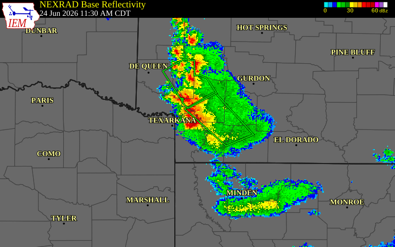 NEXRAD radar during the Wednesday, June 24, 2026 storm activity in Lafayette County, Arkansas