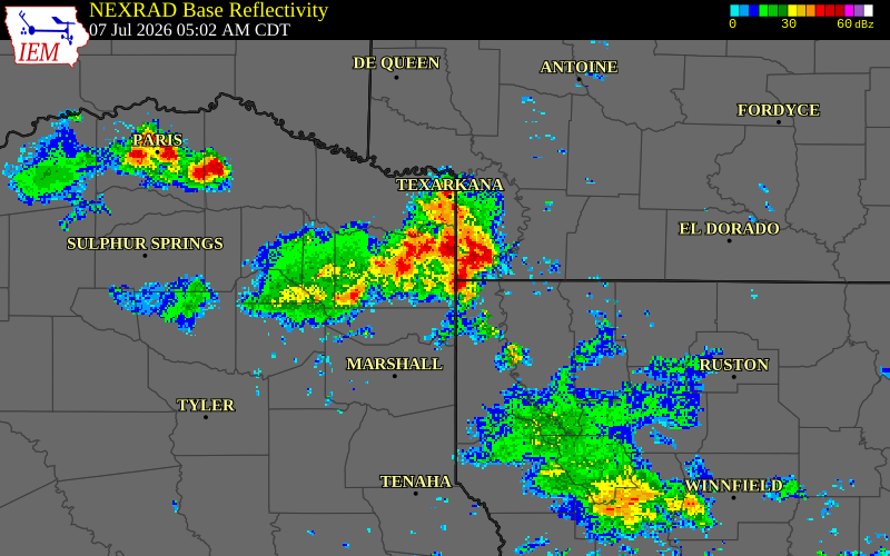 NEXRAD radar during the Tuesday, July 7, 2026 storm activity in Lafayette County, Arkansas