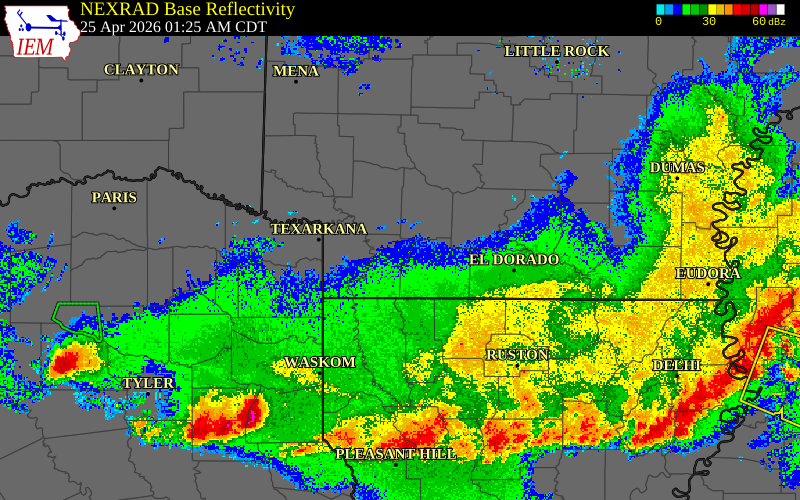 Radar snapshot during the Apr 25, 2026 hail event near 1 N Stamps, Lafayette County, Arkansas, with NWS warning polygons