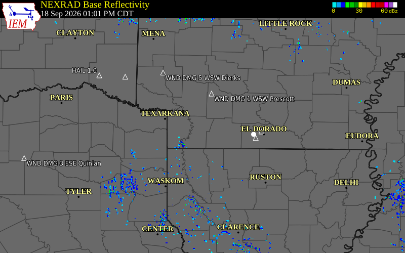 Current NEXRAD radar over Lafayette County, Arkansas with recent storm report locations