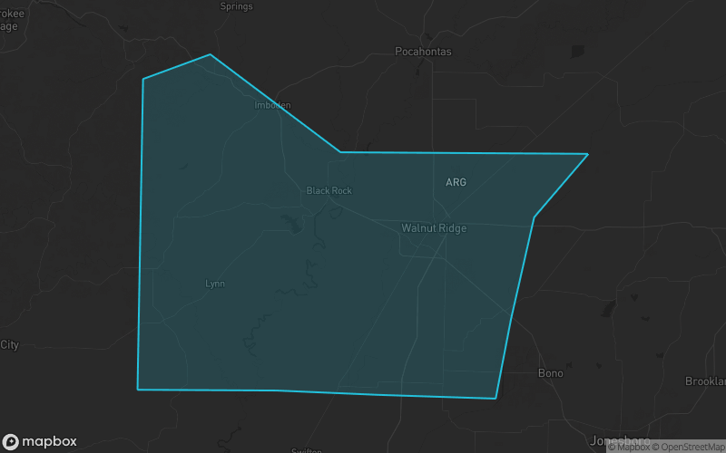 Map of Lawrence County, Arkansas showing the county boundary and surrounding cities