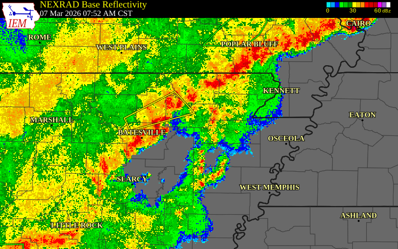 NEXRAD radar during the Saturday, March 7, 2026 storm activity in Lawrence County, Arkansas