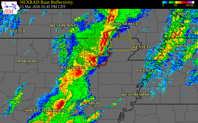 NEXRAD radar during the Sunday, March 15, 2026 storm activity in Lawrence County, Arkansas