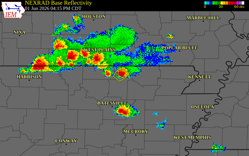 NEXRAD radar during the Monday, June 1, 2026 storm activity in Lawrence County, Arkansas