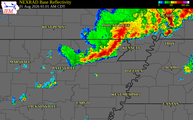 NEXRAD radar during the Saturday, August 1, 2026 storm activity in Lawrence County, Arkansas