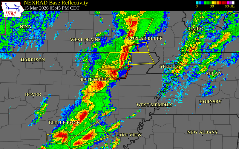 Radar snapshot during the Mar 15, 2026 tornado event near Minturn, Lawrence County, Arkansas, with NWS warning polygons