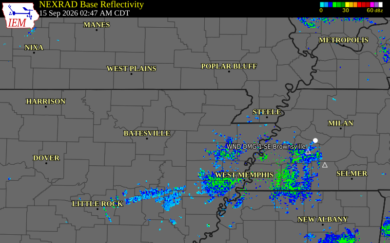 Current NEXRAD radar over Lawrence County, Arkansas with recent storm report locations