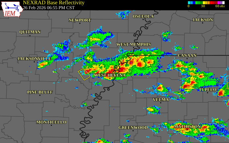 NEXRAD radar during the Thursday, February 26, 2026 storm activity in Lee County, Arkansas