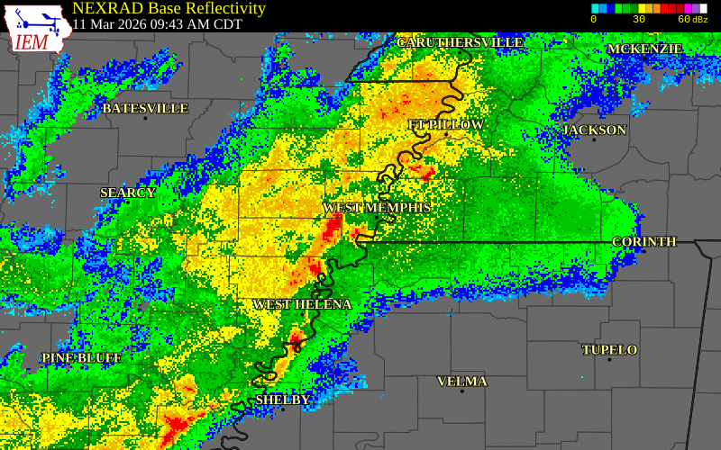 NEXRAD radar during the Wednesday, March 11, 2026 storm activity in Lee County, Arkansas