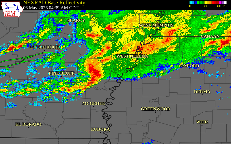 NEXRAD radar during the Wednesday, May 6, 2026 storm activity in Lee County, Arkansas