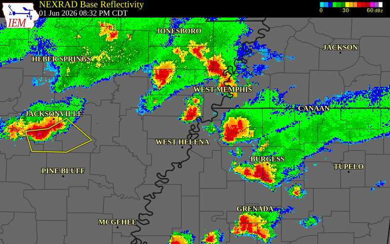 NEXRAD radar during the Monday, June 1, 2026 storm activity in Lee County, Arkansas