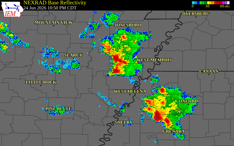NEXRAD radar during the Wednesday, June 24, 2026 storm activity in Lee County, Arkansas