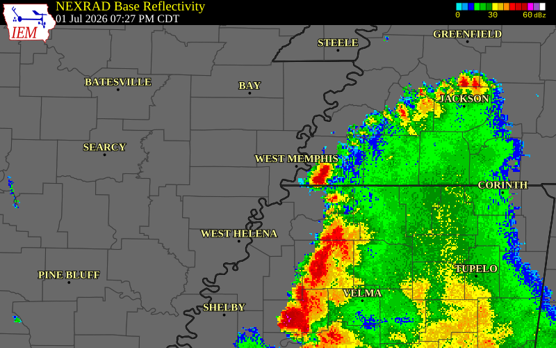 NEXRAD radar during the Wednesday, July 1, 2026 storm activity in Lee County, Arkansas