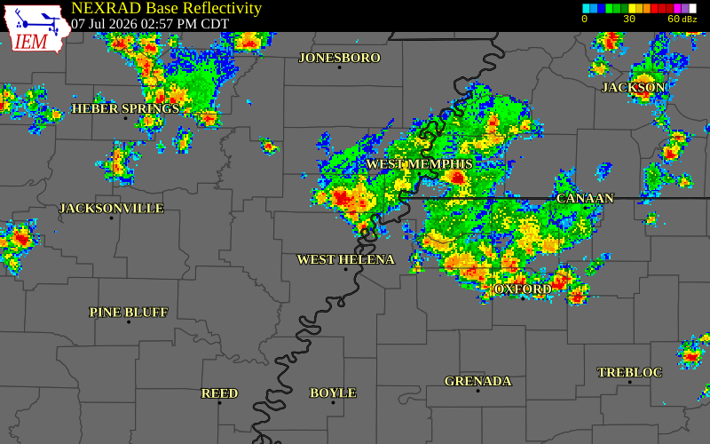 NEXRAD radar during the Tuesday, July 7, 2026 storm activity in Lee County, Arkansas