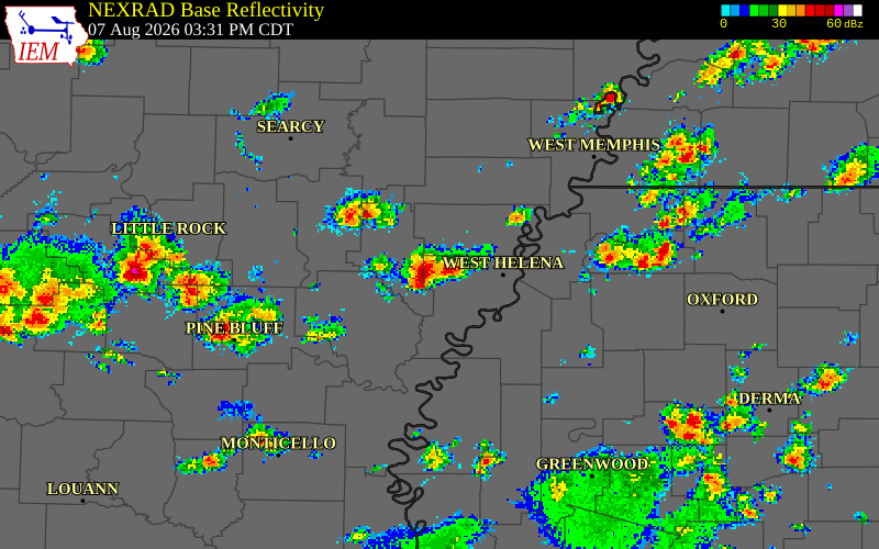 NEXRAD radar during the Friday, August 7, 2026 storm activity in Lee County, Arkansas