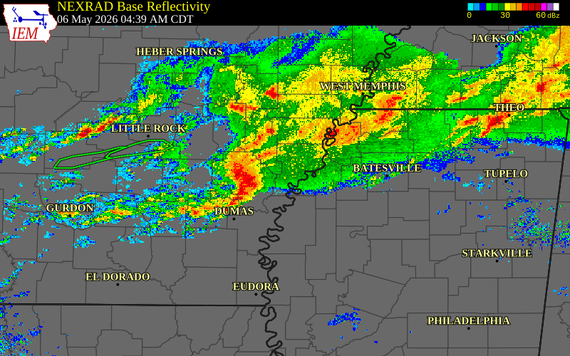 Radar snapshot during the May 6, 2026 wind event near Lee County, Lee County, Arkansas, with NWS warning polygons