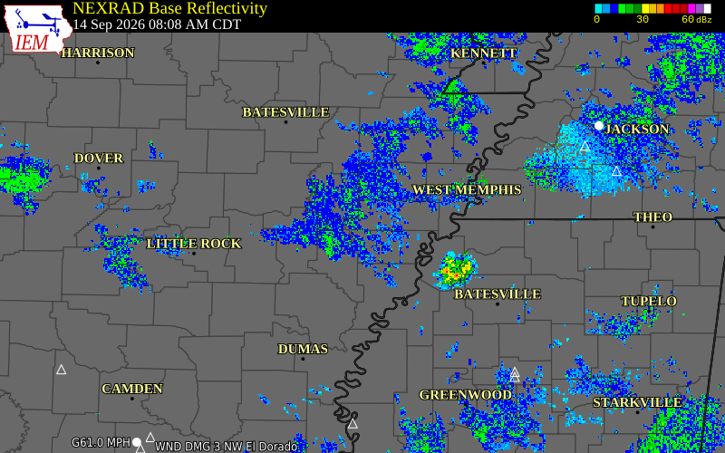 Current NEXRAD radar over Lee County, Arkansas with recent storm report locations
