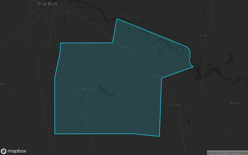 Map of Lincoln County, Arkansas showing the county boundary and surrounding cities