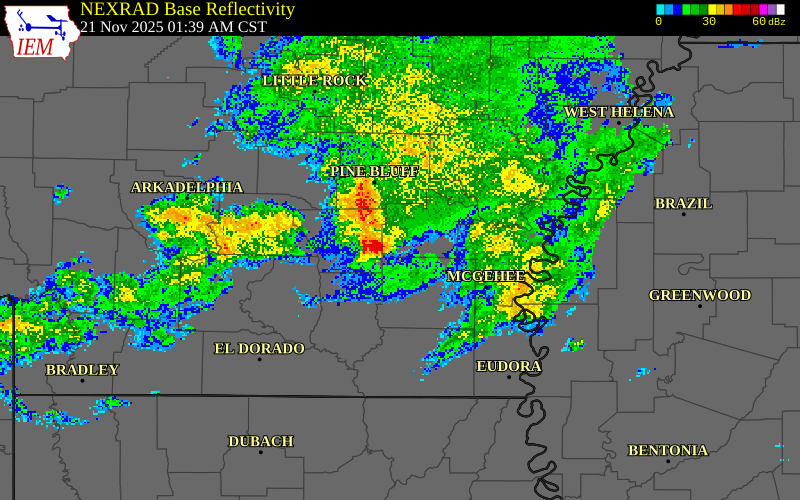 NEXRAD radar during the Friday, November 21, 2025 storm activity in Lincoln County, Arkansas
