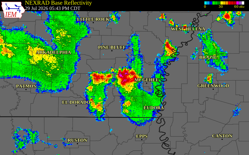 NEXRAD radar during the Wednesday, July 29, 2026 storm activity in Lincoln County, Arkansas