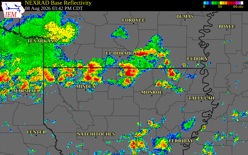 NEXRAD radar during the Saturday, August 8, 2026 storm activity in Lincoln County, Arkansas