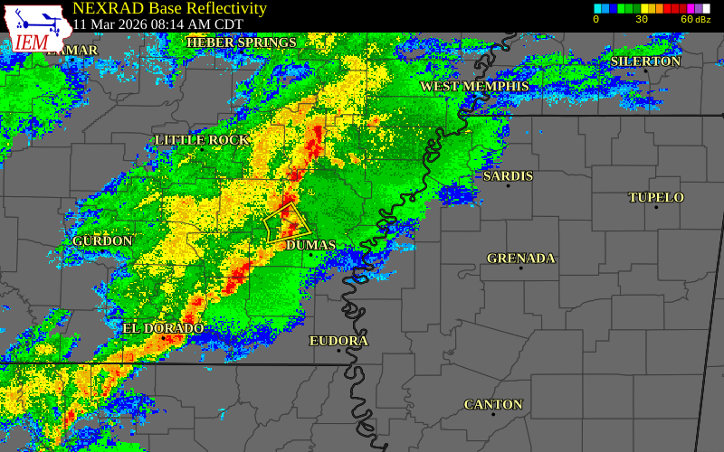 Radar snapshot during the Mar 11, 2026 wind event near Lincoln County, Lincoln County, Arkansas, with NWS warning polygons