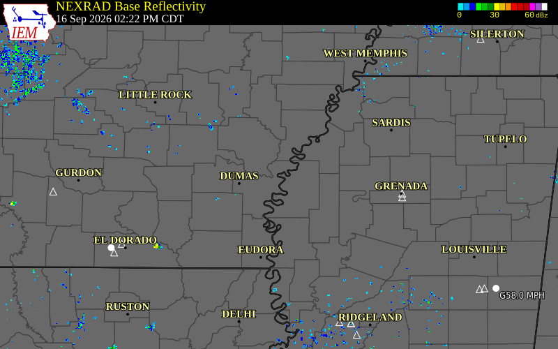 Current NEXRAD radar over Lincoln County, Arkansas with recent storm report locations