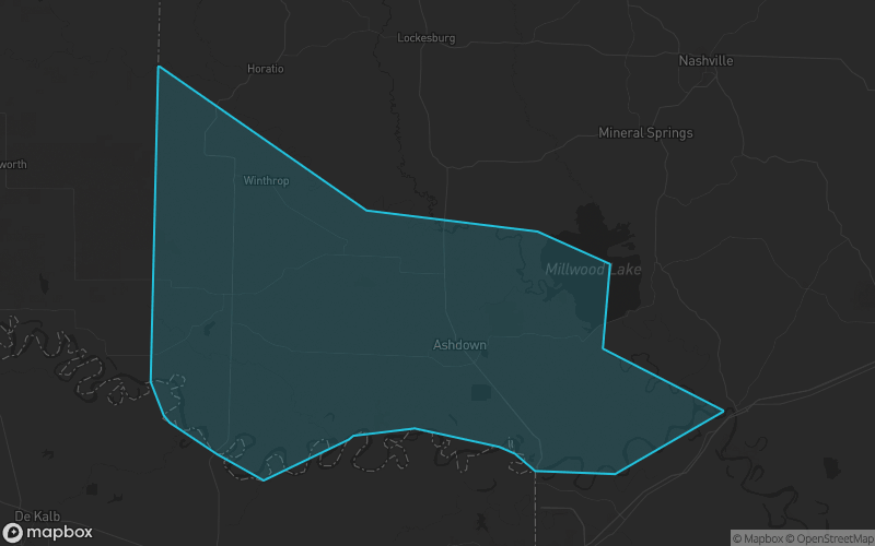 Map of Little River County, Arkansas showing the county boundary and surrounding cities