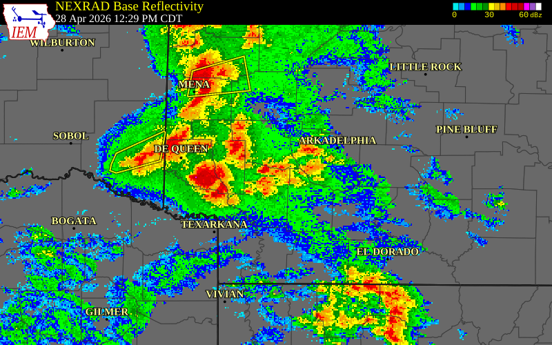 NEXRAD radar during the Tuesday, April 28, 2026 storm activity in Little River County, Arkansas