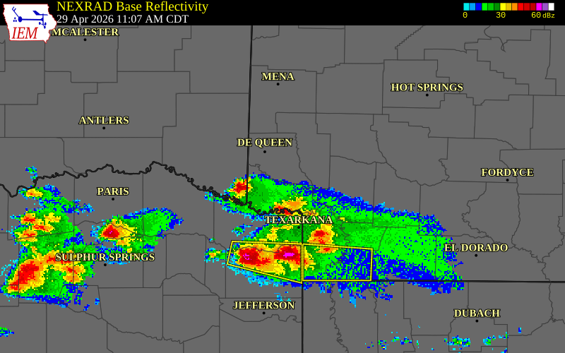 NEXRAD radar during the Wednesday, April 29, 2026 storm activity in Little River County, Arkansas