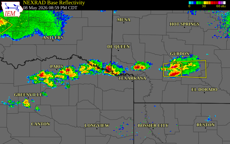 NEXRAD radar during the Friday, May 8, 2026 storm activity in Little River County, Arkansas