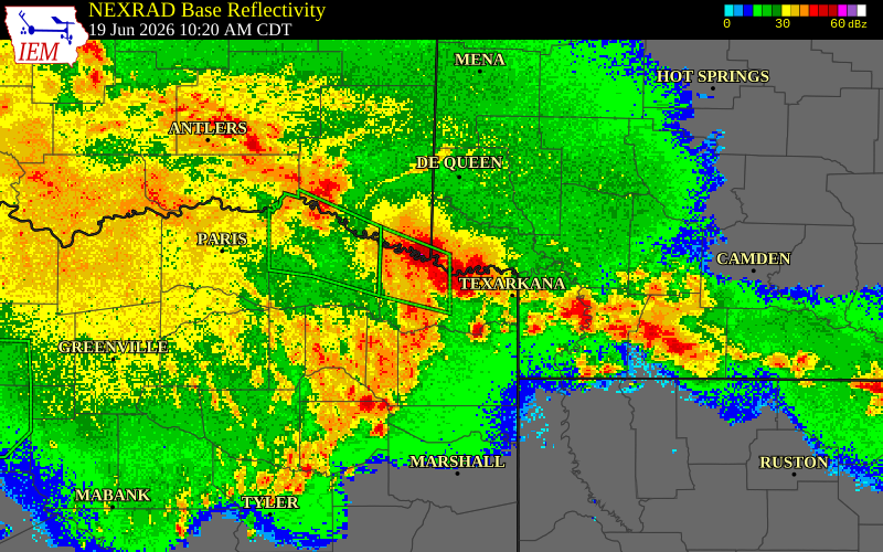 NEXRAD radar during the Friday, June 19, 2026 storm activity in Little River County, Arkansas