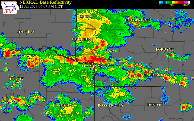 NEXRAD radar during the Sunday, July 12, 2026 storm activity in Little River County, Arkansas