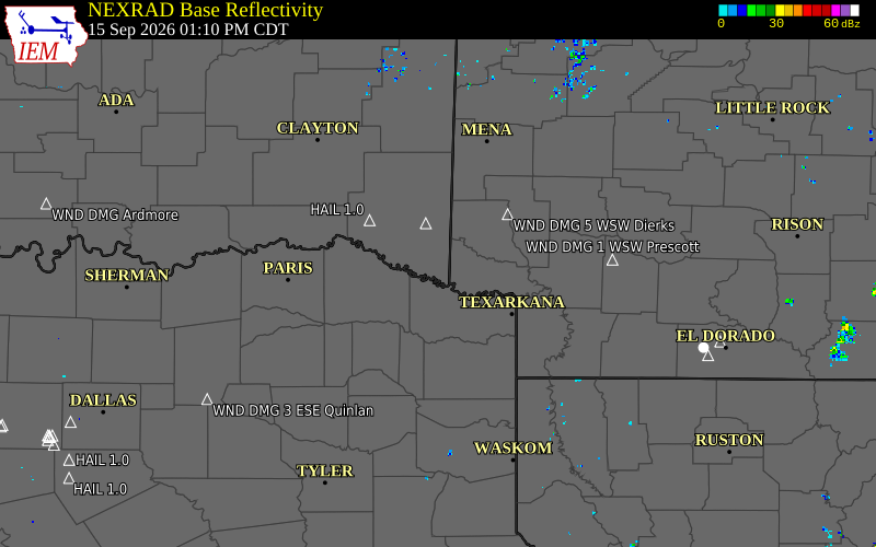 Current NEXRAD radar over Little River County, Arkansas with recent storm report locations