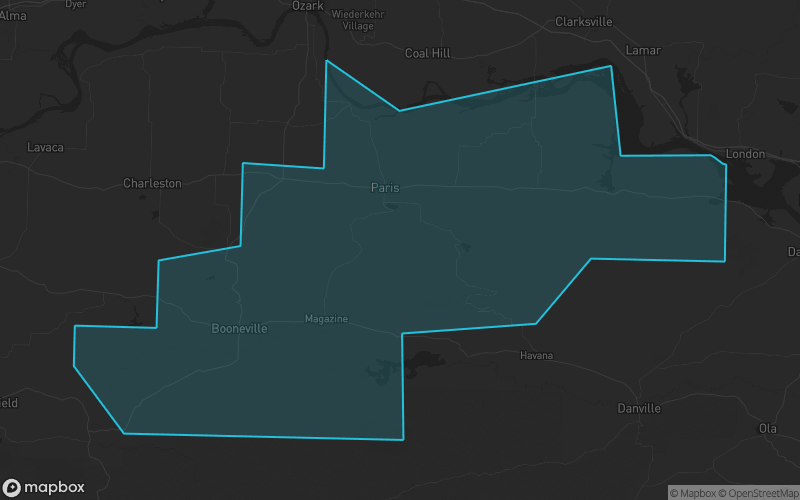 Map of Logan County, Arkansas showing the county boundary and surrounding cities