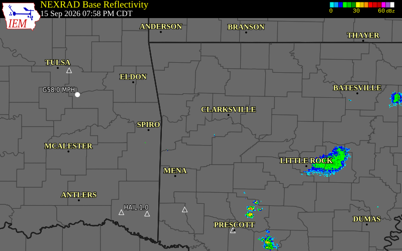 Current NEXRAD radar over Logan County, Arkansas with recent storm report locations