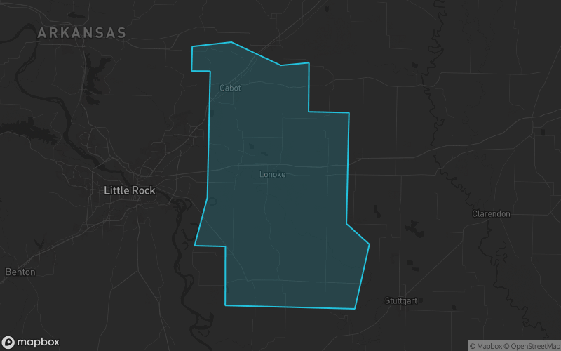 Map of Lonoke County, Arkansas showing the county boundary and surrounding cities