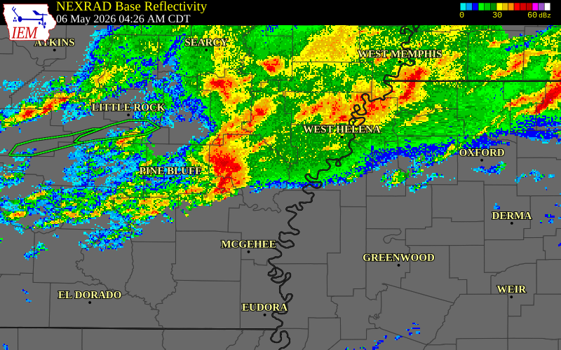 NEXRAD radar during the Wednesday, May 6, 2026 storm activity in Lonoke County, Arkansas