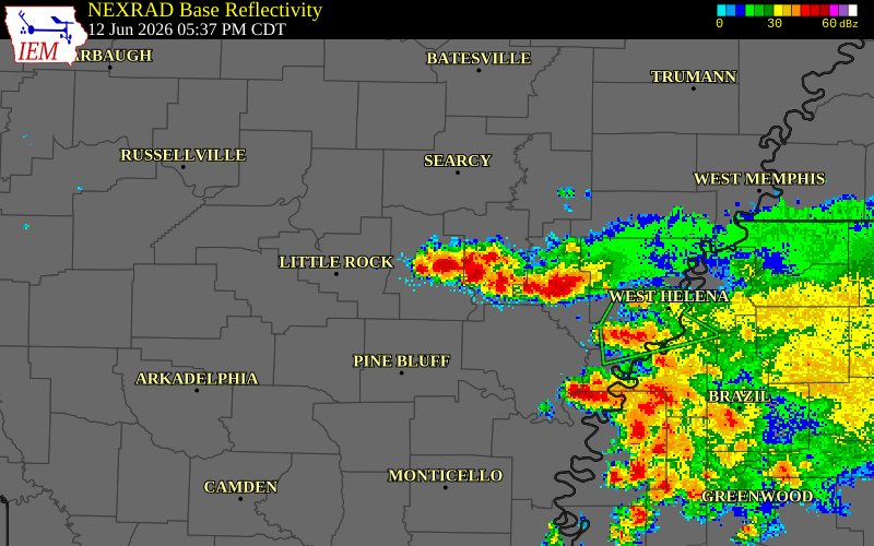 NEXRAD radar during the Friday, June 12, 2026 storm activity in Lonoke County, Arkansas