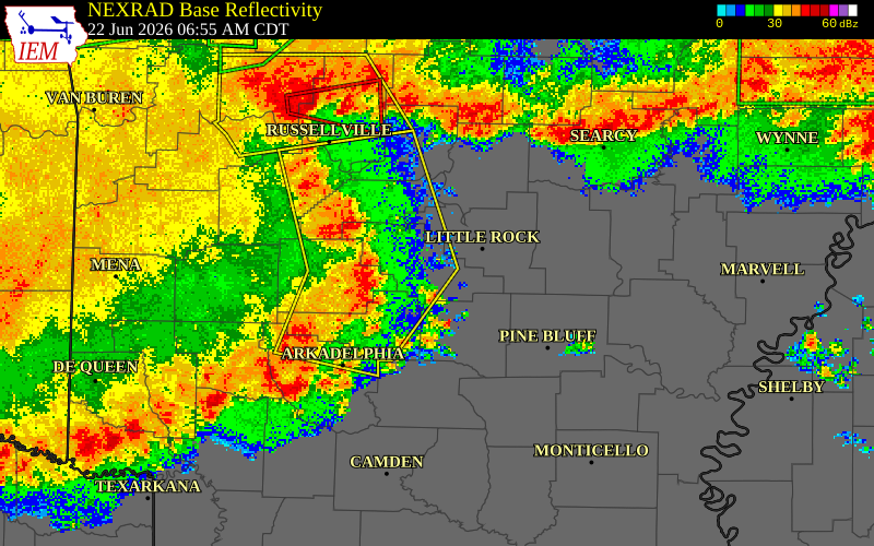 NEXRAD radar during the Monday, June 22, 2026 storm activity in Lonoke County, Arkansas