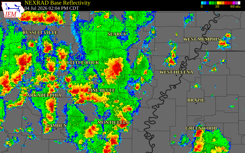 NEXRAD radar during the Saturday, July 4, 2026 storm activity in Lonoke County, Arkansas