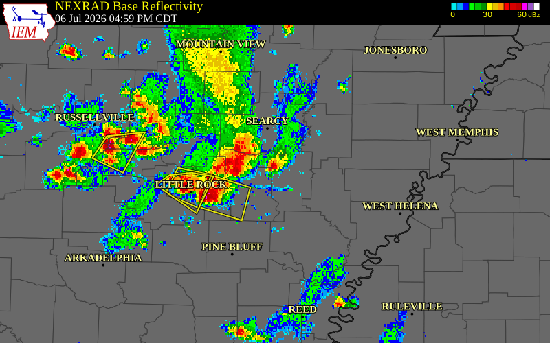 NEXRAD radar during the Monday, July 6, 2026 storm activity in Lonoke County, Arkansas
